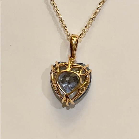 18k Gold Heart Shaped Faceted London Blue Topaz & Princess Cut Diamonds Pendant - Picture 7 of 9